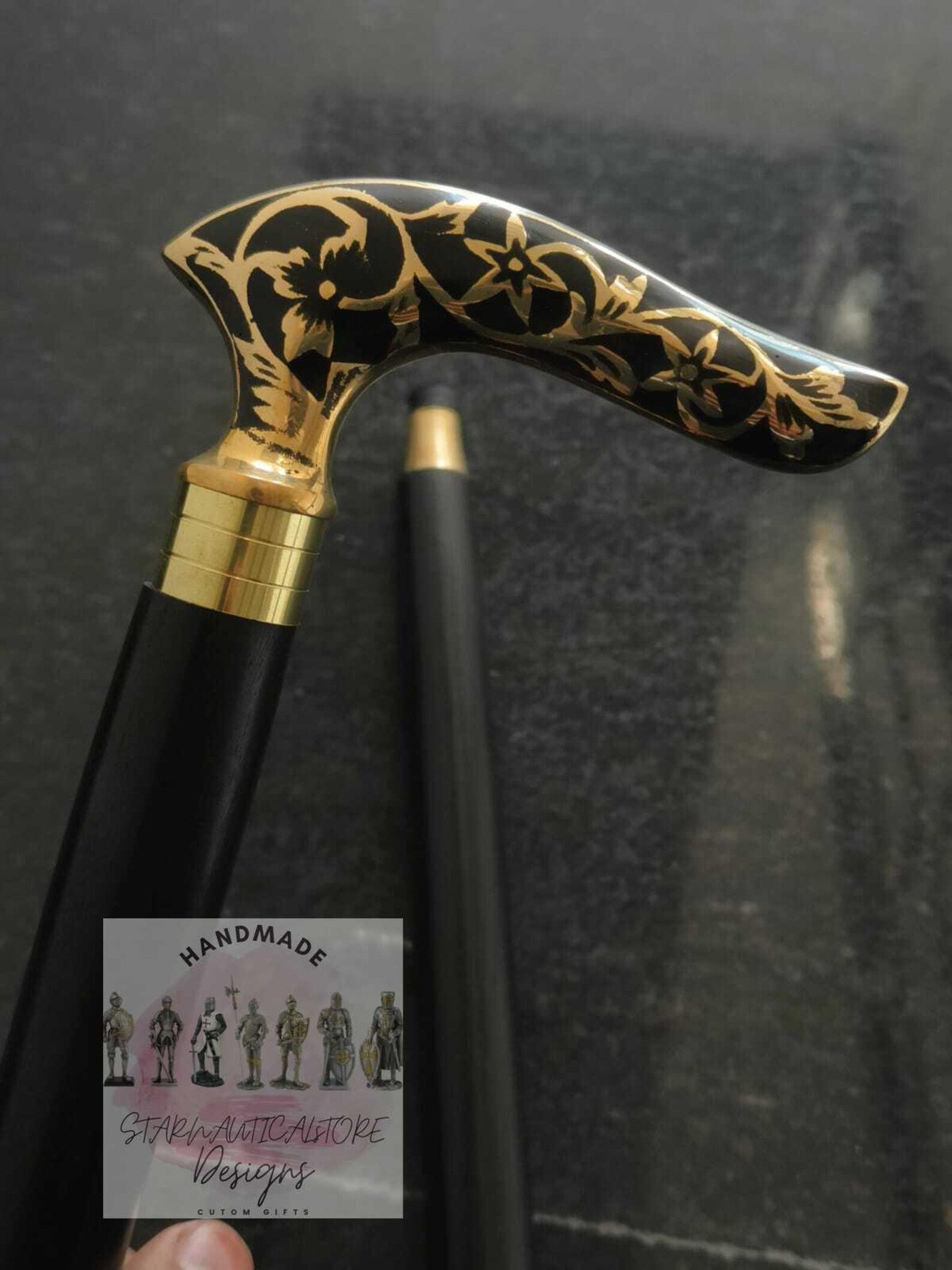 Black Flora Gold Line Designer Walking Stick Wood Carved Walking Cane For Men Gift Brass Handle Victorian Walking Cane Steampunk Outfit