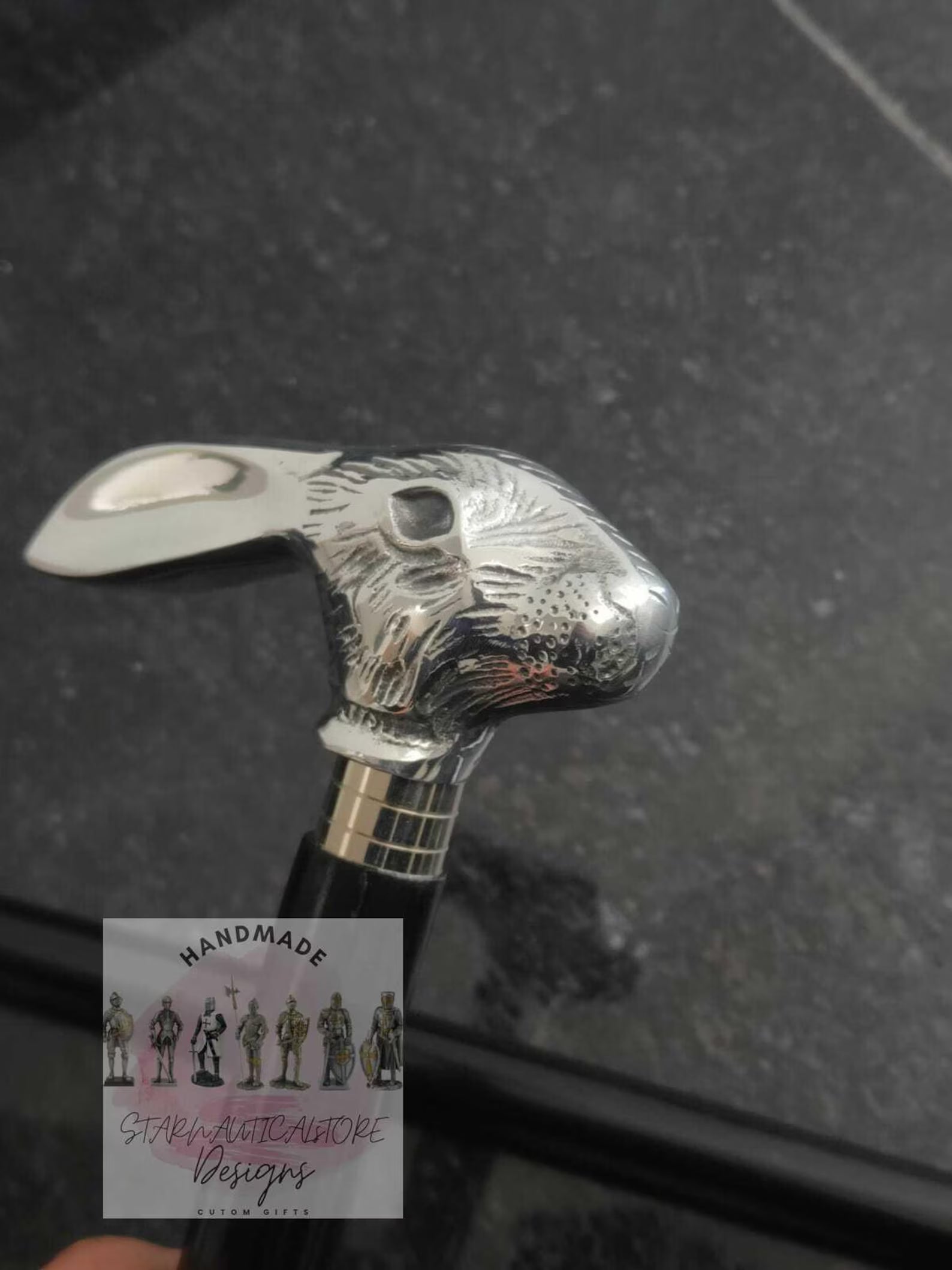 A handcrafted Playboy wooden walking cane featuring a hand-carved rabbit head with Aluminum fittings, perfect as a unique gift.