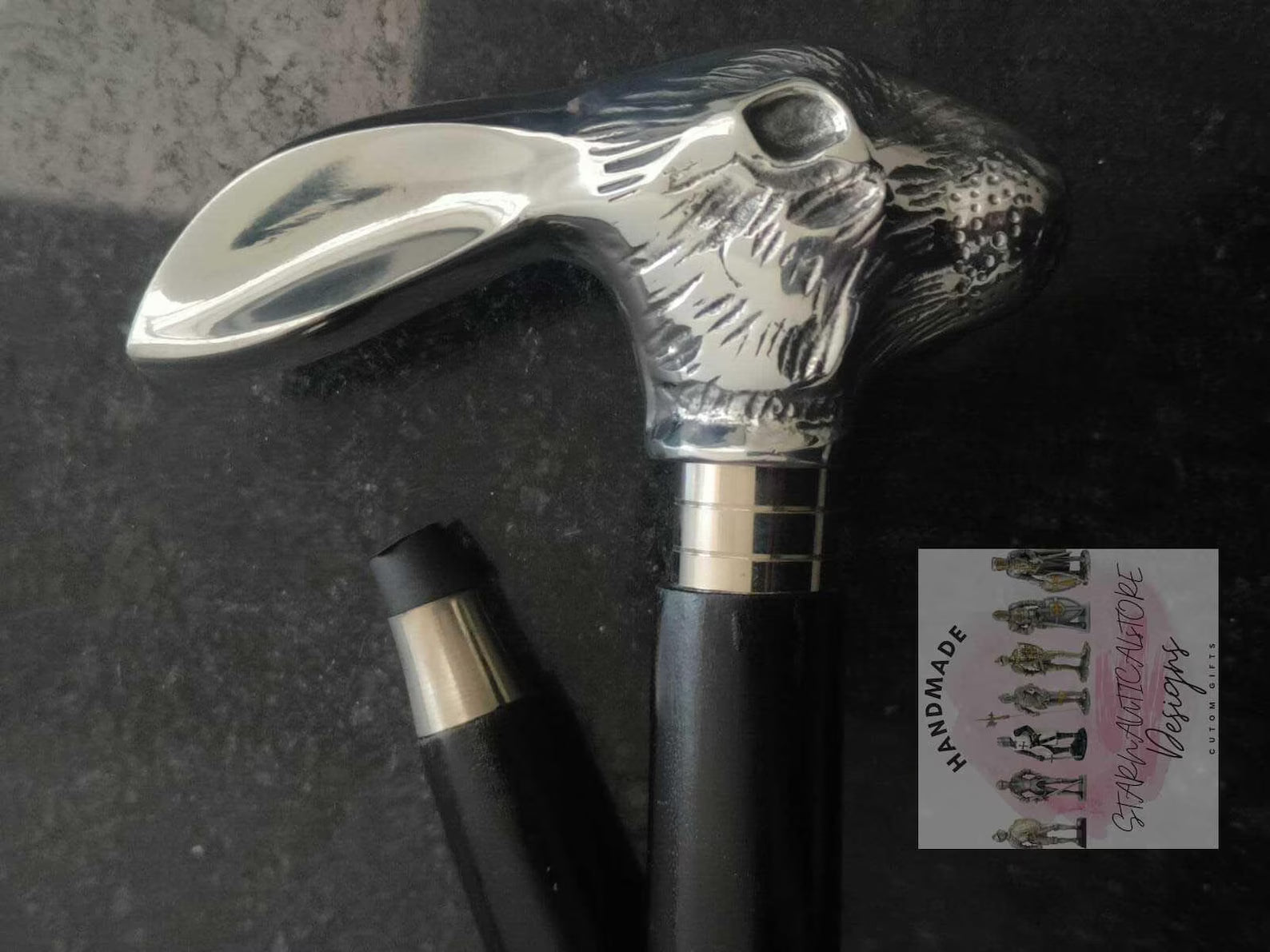 A handcrafted Playboy wooden walking cane featuring a hand-carved rabbit head with Aluminum fittings, perfect as a unique gift.