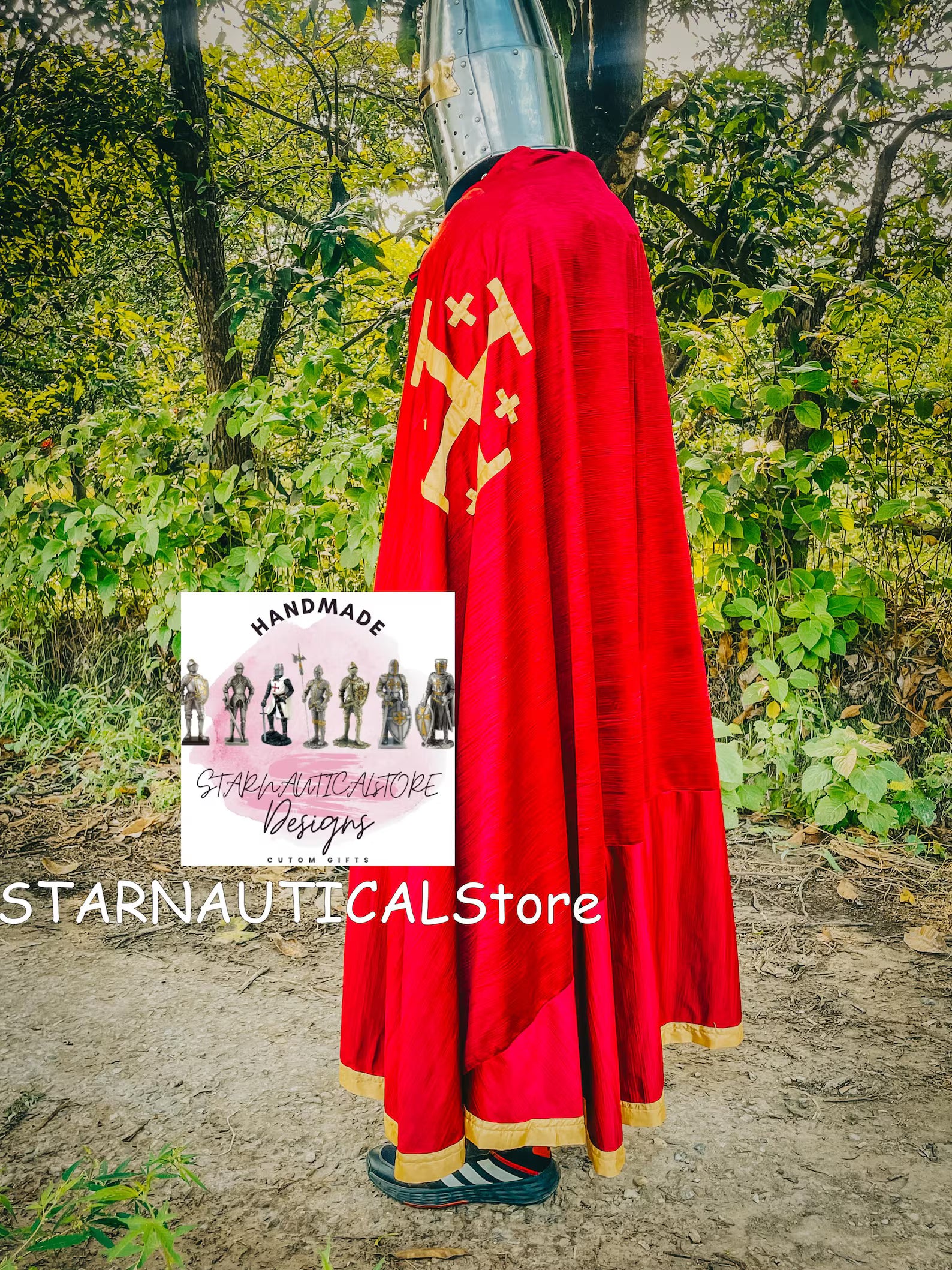 Medieval Knight Armor Templar Red Cross Costume Replica Chainmail Dress & Helmet Historical Battle Gear With Armor Cape | Wooden Shield