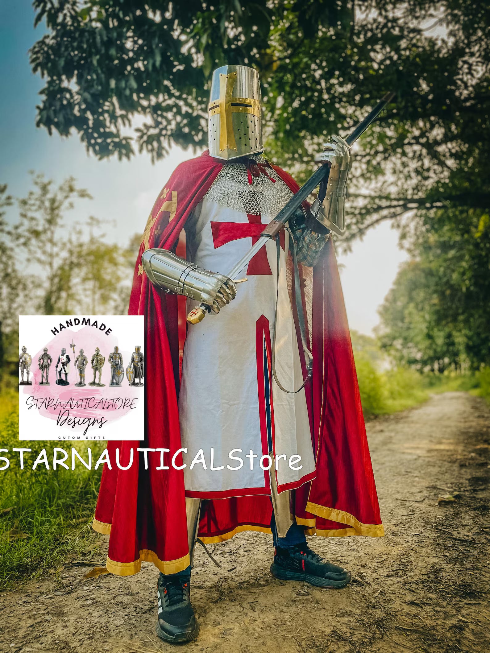 Medieval Knight Armor Templar Red Cross Costume Replica Chainmail Dress & Helmet Historical Battle Gear With Armor Cape | Wooden Shield