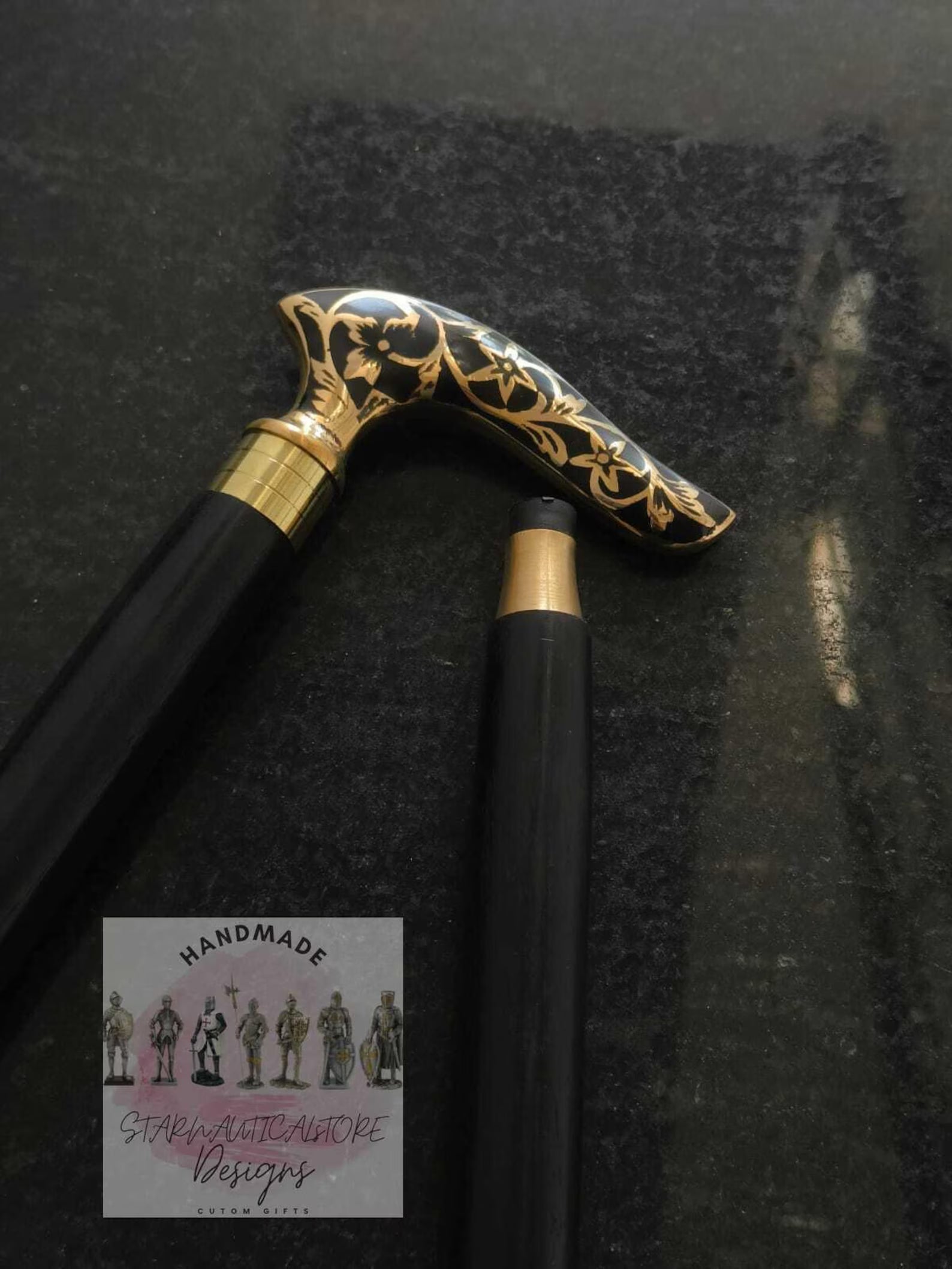 Black Flora Gold Line Designer Walking Stick Wood Carved Walking Cane For Men Gift Brass Handle Victorian Walking Cane Steampunk Outfit