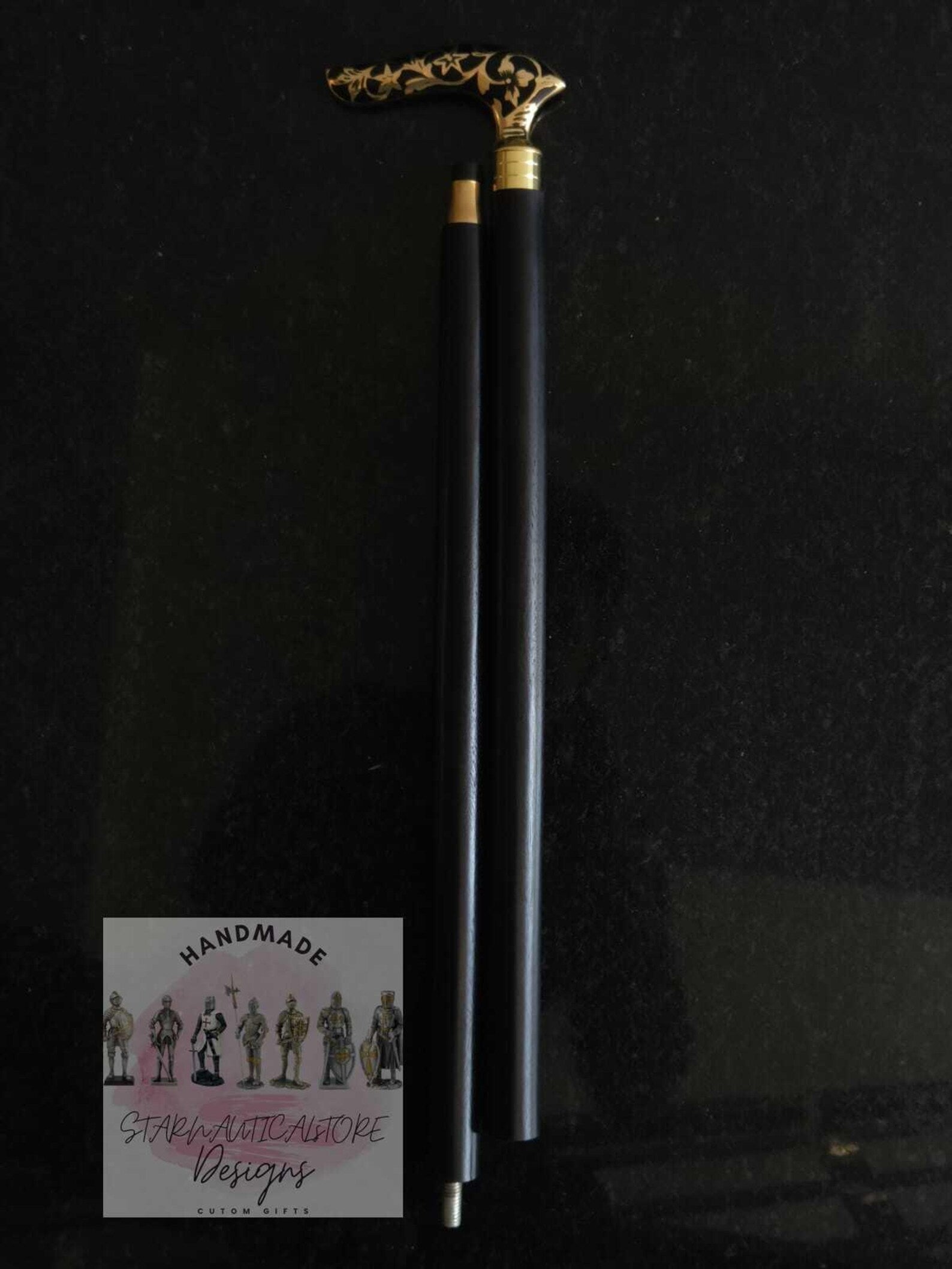 Black Flora Gold Line Designer Walking Stick Wood Carved Walking Cane For Men Gift Brass Handle Victorian Walking Cane Steampunk Outfit