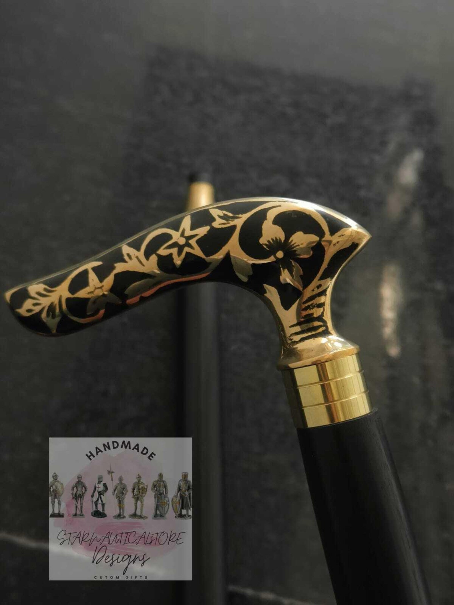Black Flora Gold Line Designer Walking Stick Wood Carved Walking Cane For Men Gift Brass Handle Victorian Walking Cane Steampunk Outfit