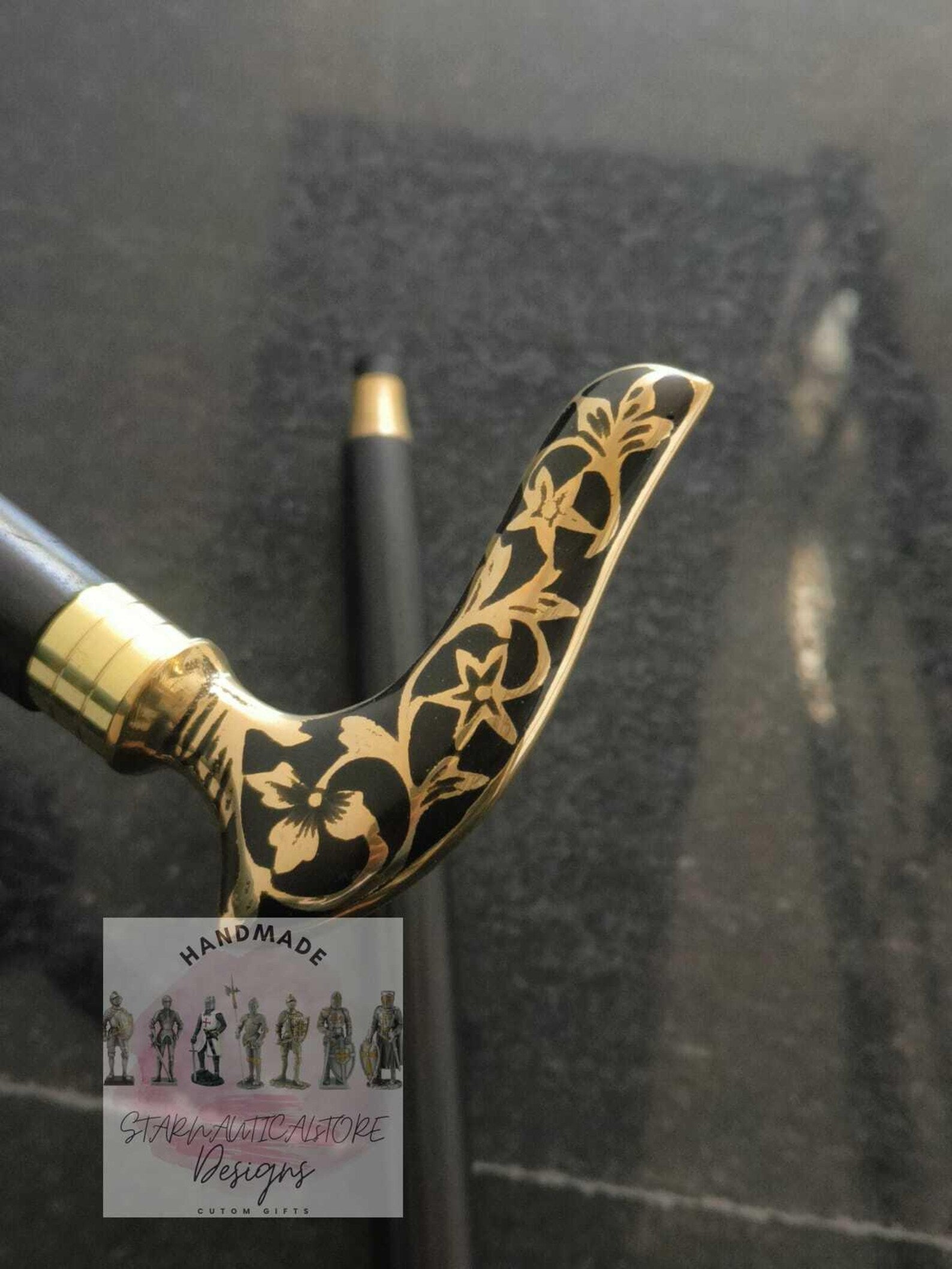 Black Flora Gold Line Designer Walking Stick Wood Carved Walking Cane For Men Gift Brass Handle Victorian Walking Cane Steampunk Outfit
