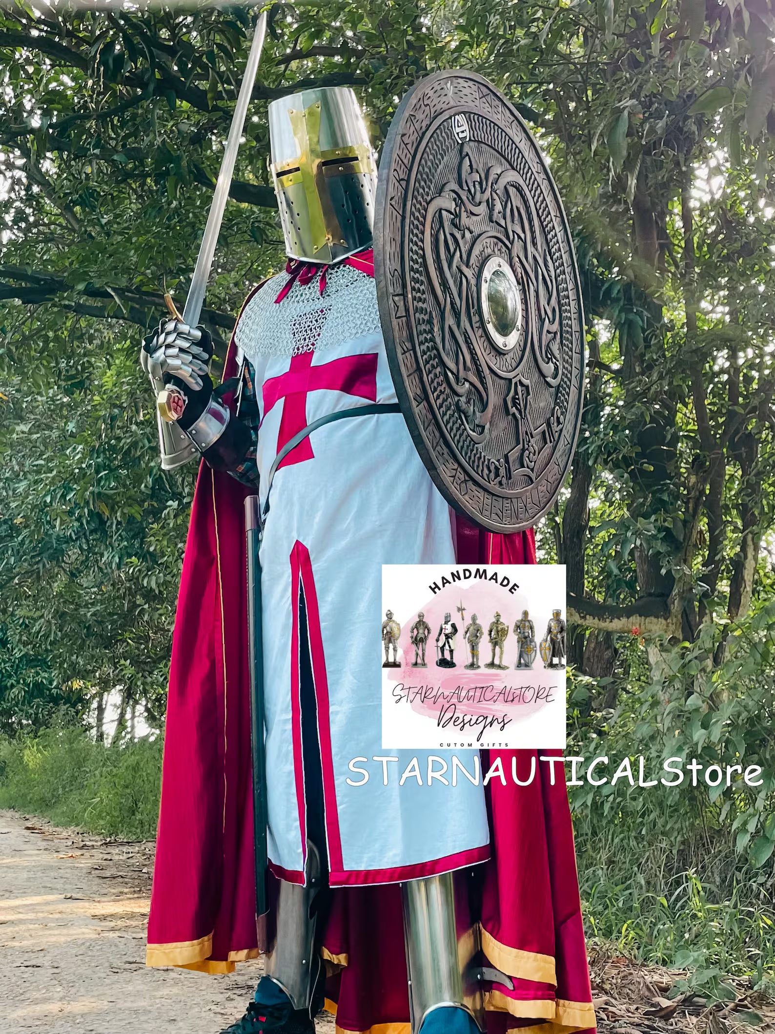 Medieval Knight Armor Templar Red Cross Costume Replica Chainmail Dress & Helmet Historical Battle Gear With Armor Cape | Wooden Shield
