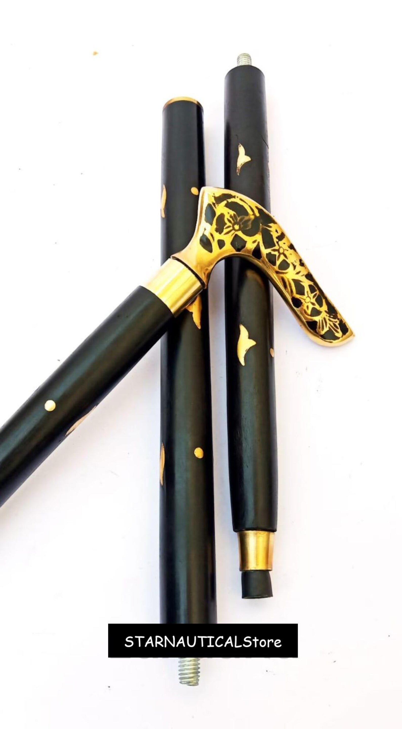 Black Flora Gold Line Designer Walking Stick Wood Carved Walking Cane For Men Gift Brass Handle Victorian Walking Cane Steampunk Outfit