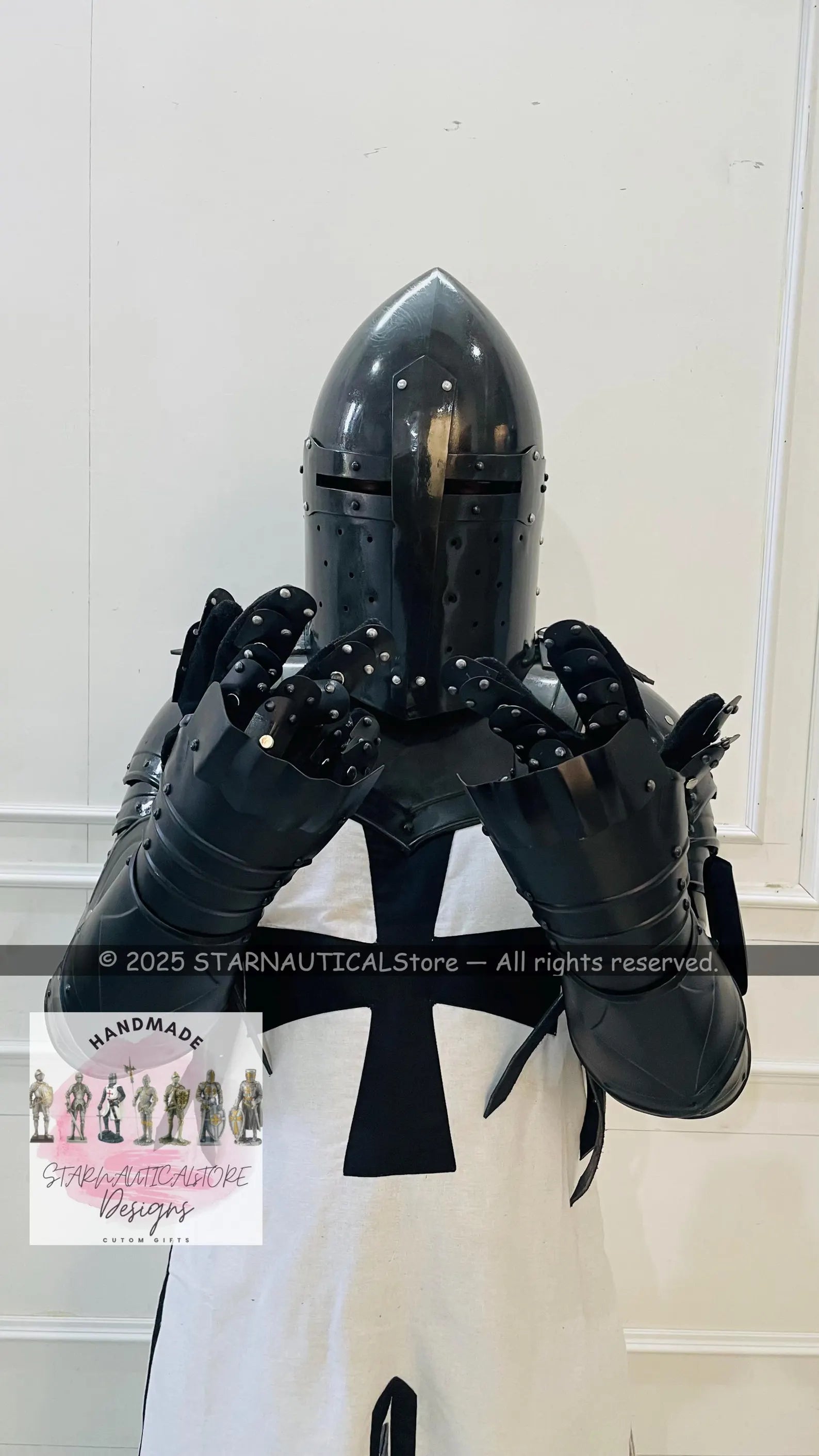 Medieval Black Cross Crusader Templar Armor | Knight Warrior Cosplay LARP Costume | Fantasy Black Templar Fully Wearable Armor Halloween