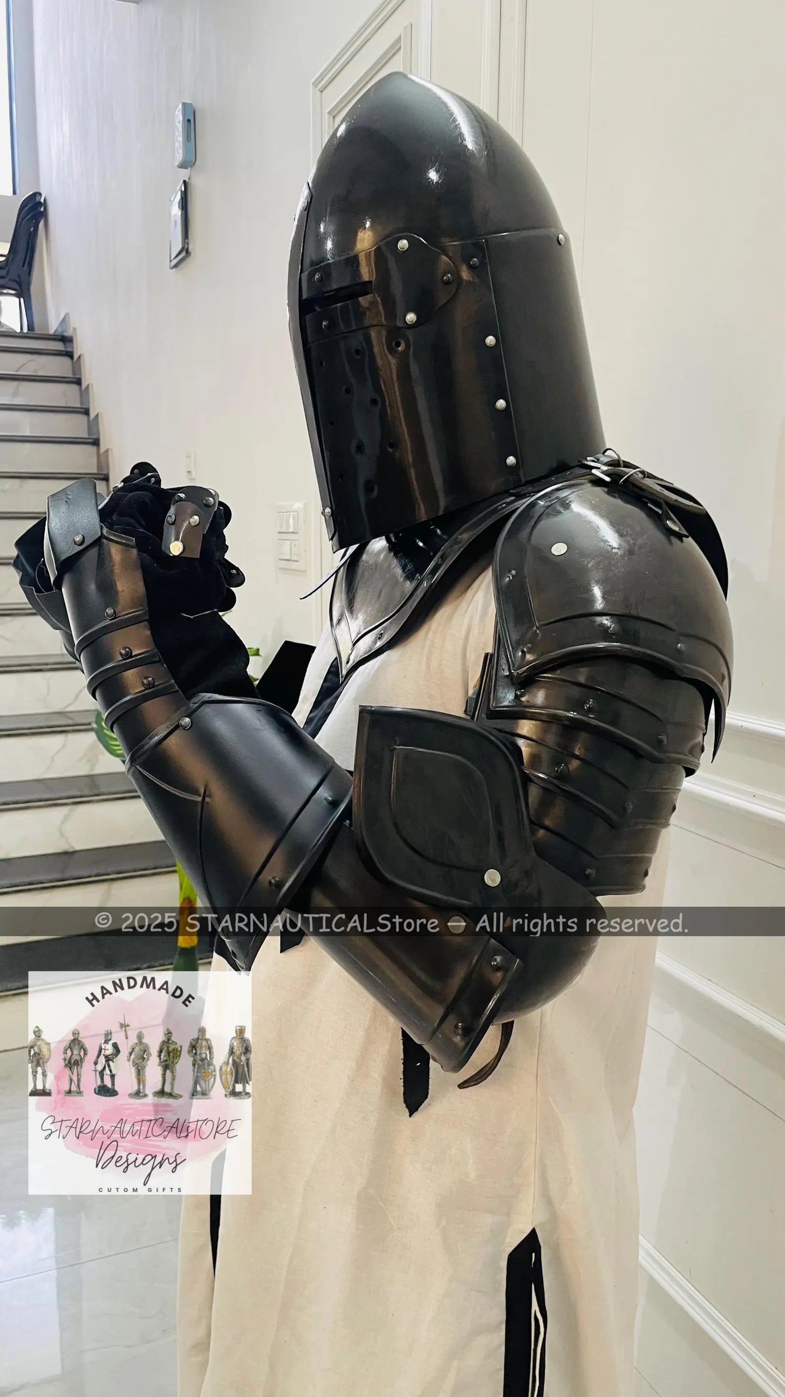 Medieval Black Cross Crusader Templar Armor | Knight Warrior Cosplay LARP Costume | Fantasy Black Templar Fully Wearable Armor Halloween
