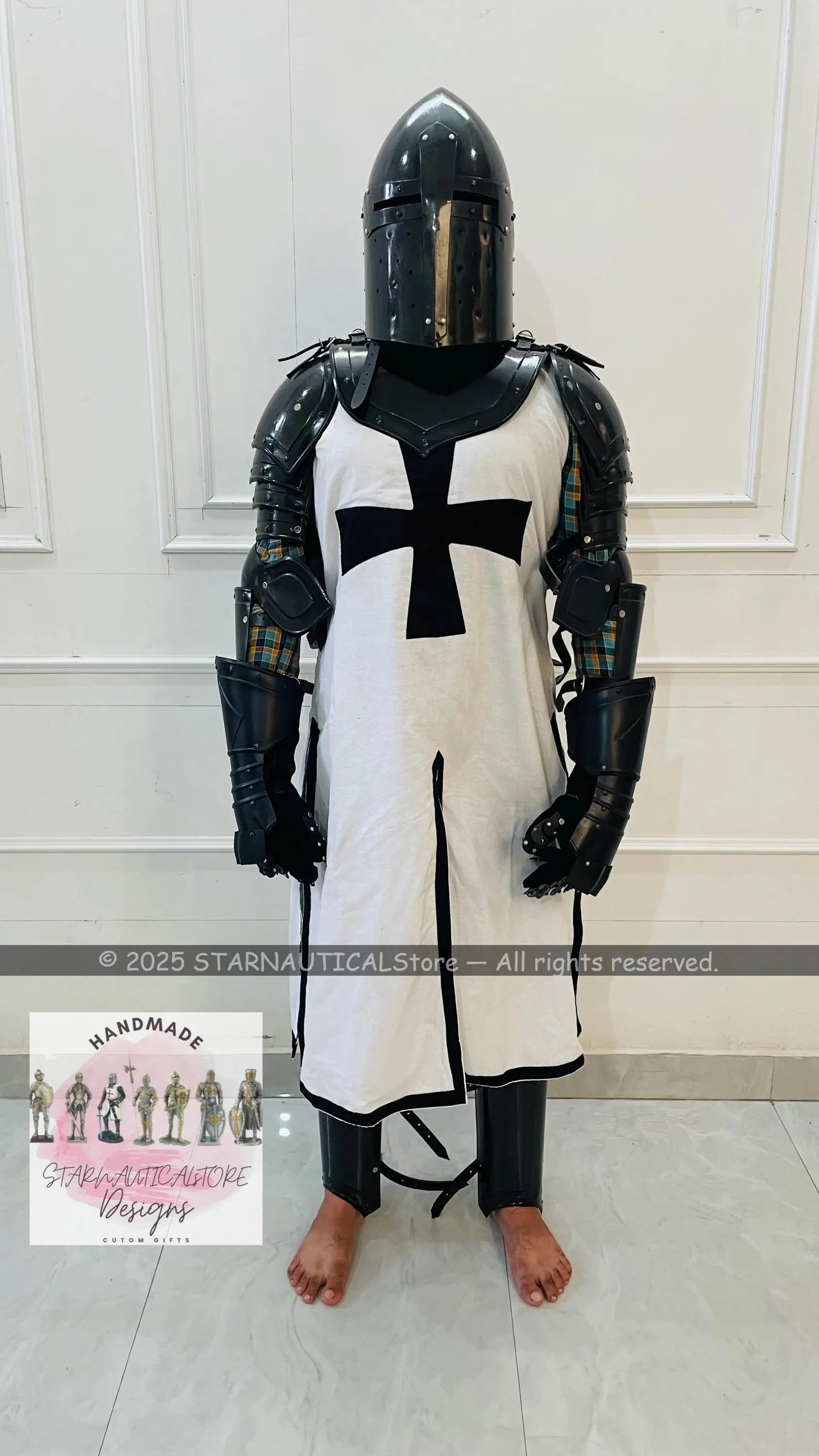 Medieval Black Cross Crusader Templar Armor | Knight Warrior Cosplay LARP Costume | Fantasy Black Templar Fully Wearable Armor Halloween