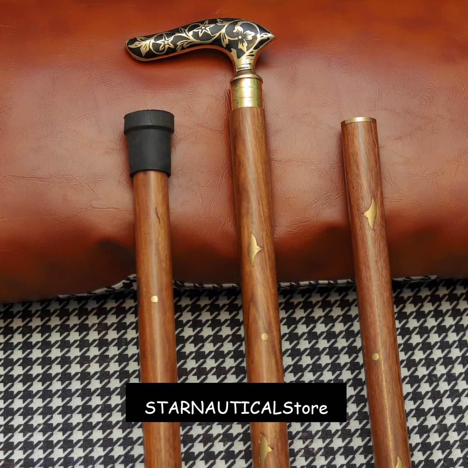 Black Flora Gold Line Designer Walking Stick Wood Carved Walking Cane For Men Gift Brass Handle Victorian Walking Cane Steampunk Outfit