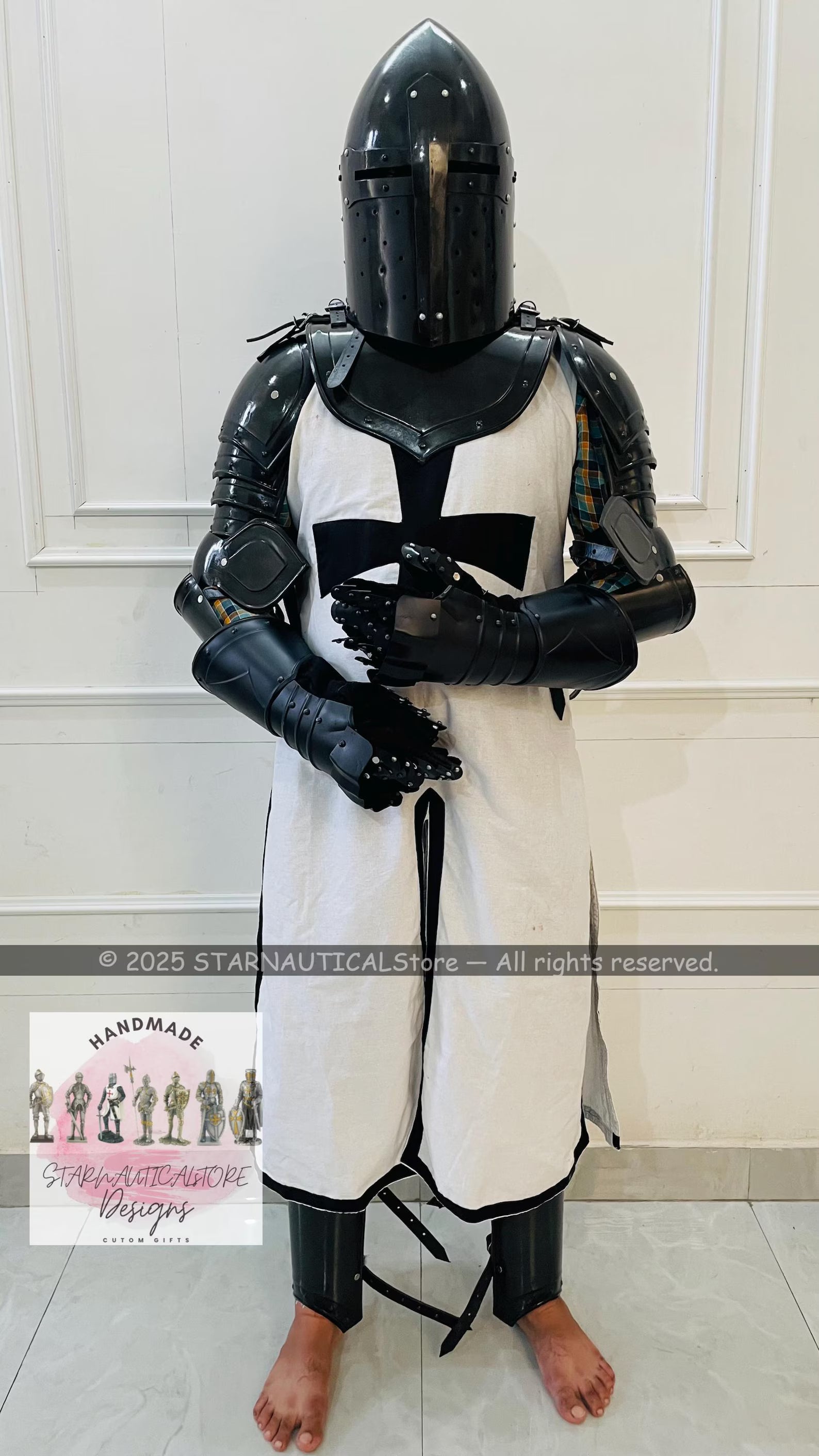Medieval Black Cross Crusader Templar Armor | Knight Warrior Cosplay LARP Costume | Fantasy Black Templar Fully Wearable Armor Halloween