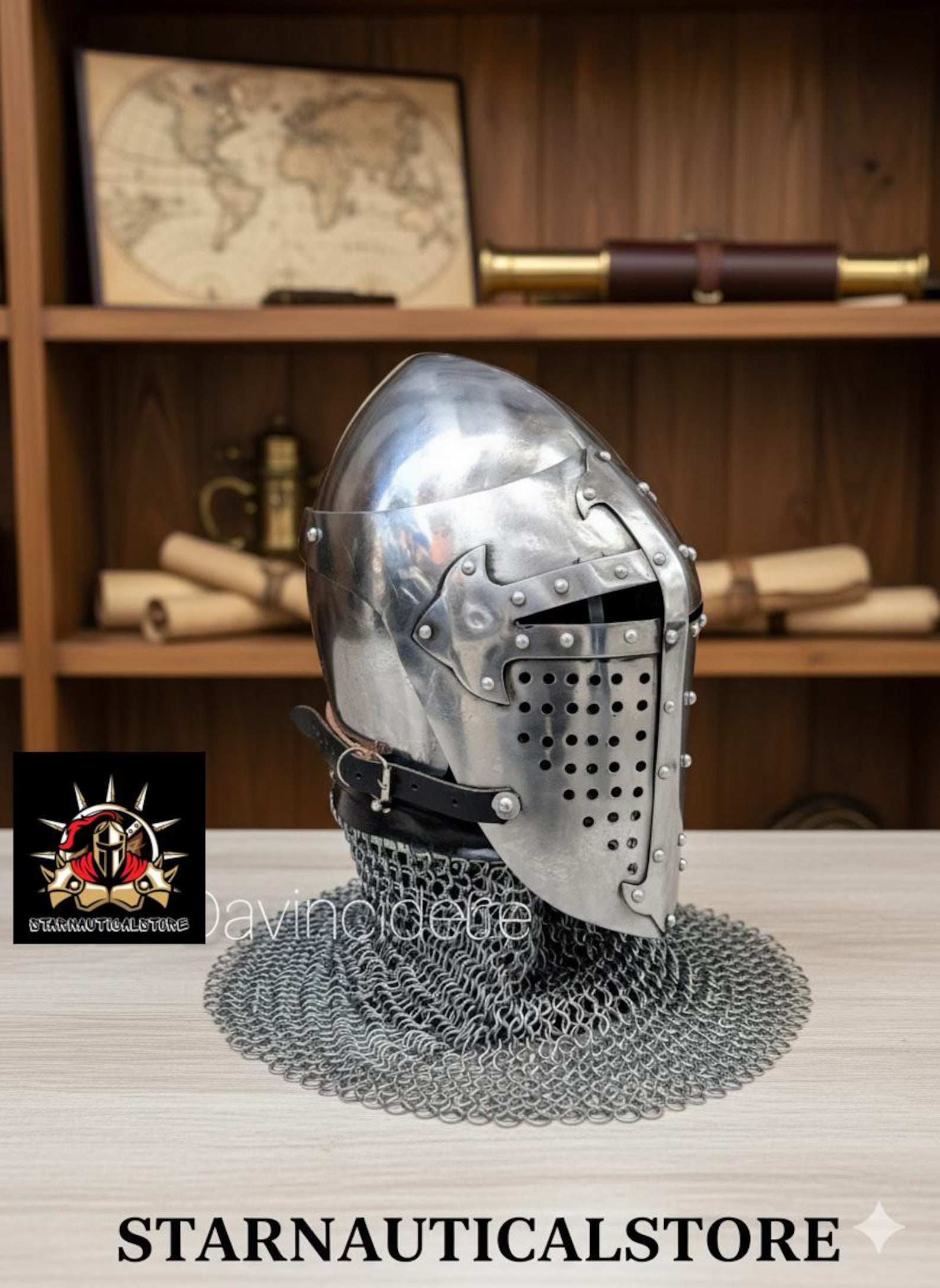Medieval Bascinet Crusader Helmet – Handmade Steel Knight Helmet with Riveted Visor & Chainmail – LARP, SCA, Cosplay, Reenactment, Gift