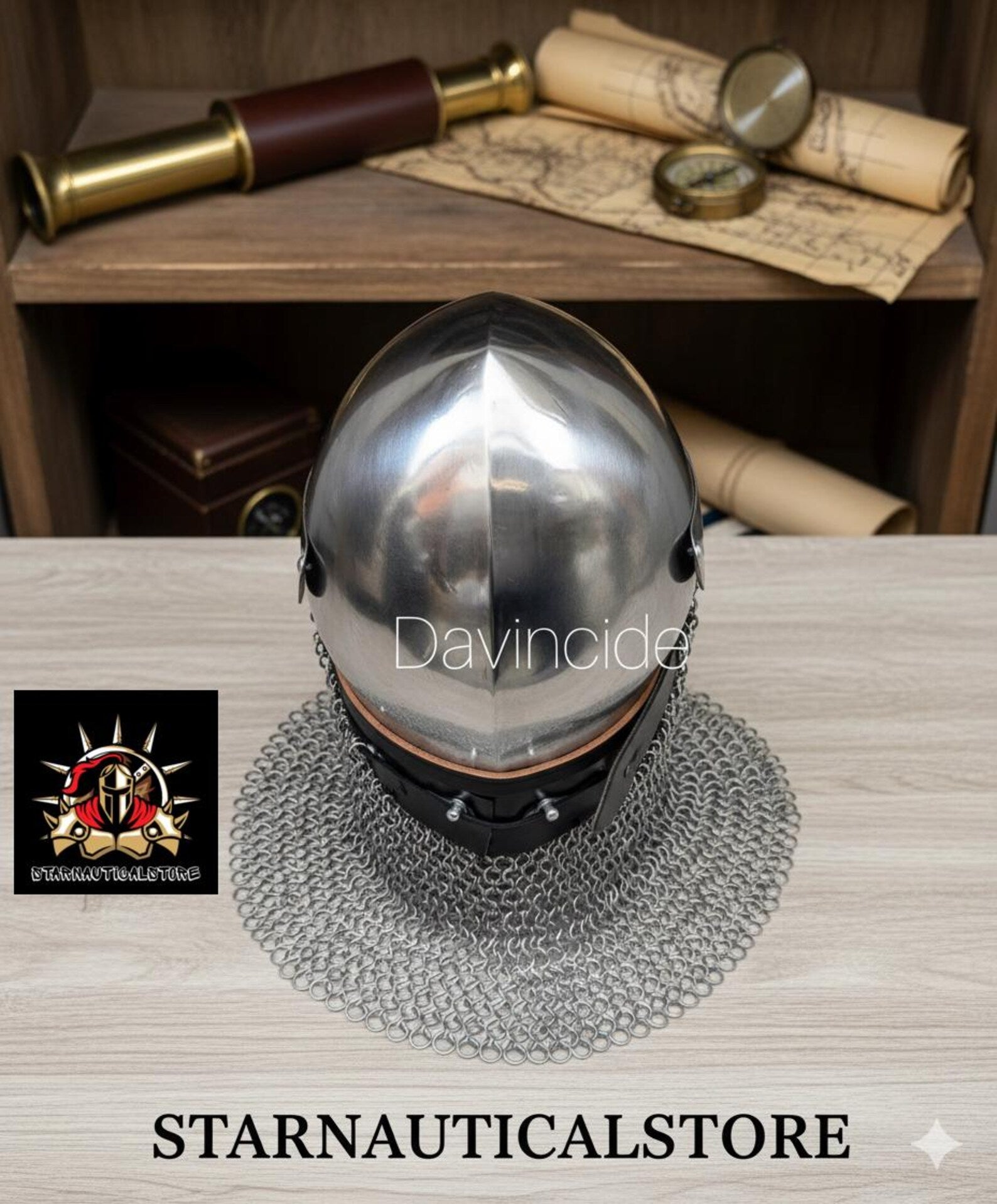 Medieval Bascinet Crusader Helmet – Handmade Steel Knight Helmet with Riveted Visor & Chainmail – LARP, SCA, Cosplay, Reenactment, Gift