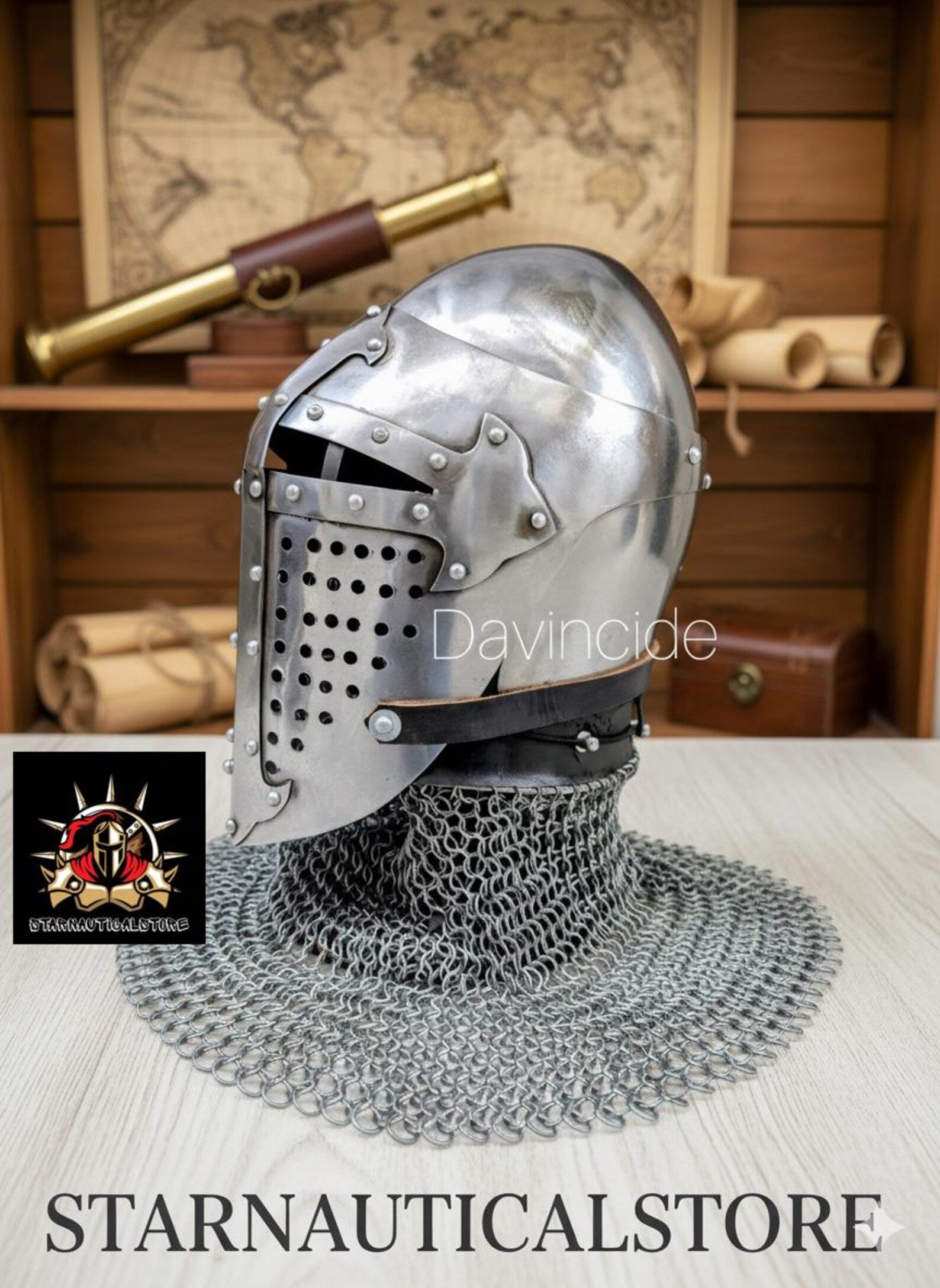 Medieval Bascinet Crusader Helmet – Handmade Steel Knight Helmet with Riveted Visor & Chainmail – LARP, SCA, Cosplay, Reenactment, Gift