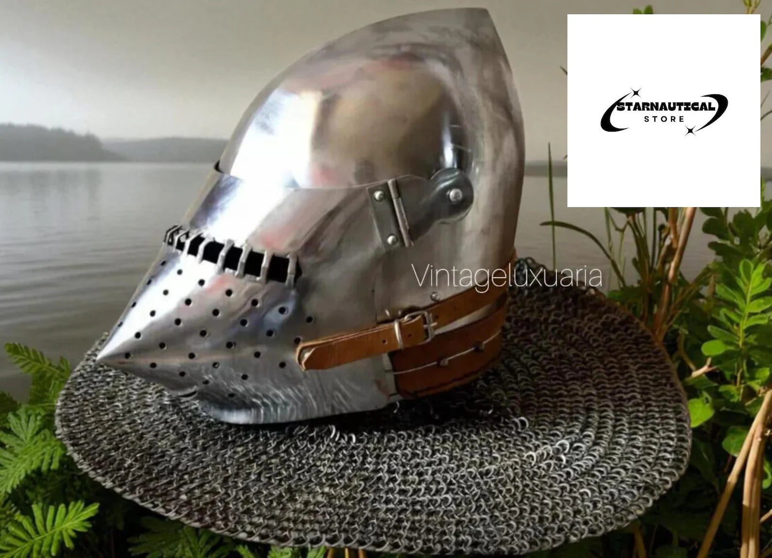 Medieval Bascinet Houndskull Helmet – Hand-Forged Steel Knight Helmet with Chainmail & Leather Straps – LARP, SCA, Reenactment Gift Armor