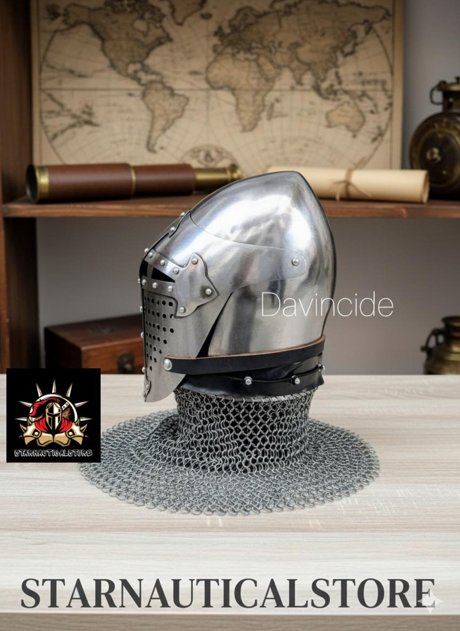 Medieval Bascinet Crusader Helmet – Handmade Steel Knight Helmet with Riveted Visor & Chainmail – LARP, SCA, Cosplay, Reenactment, Gift