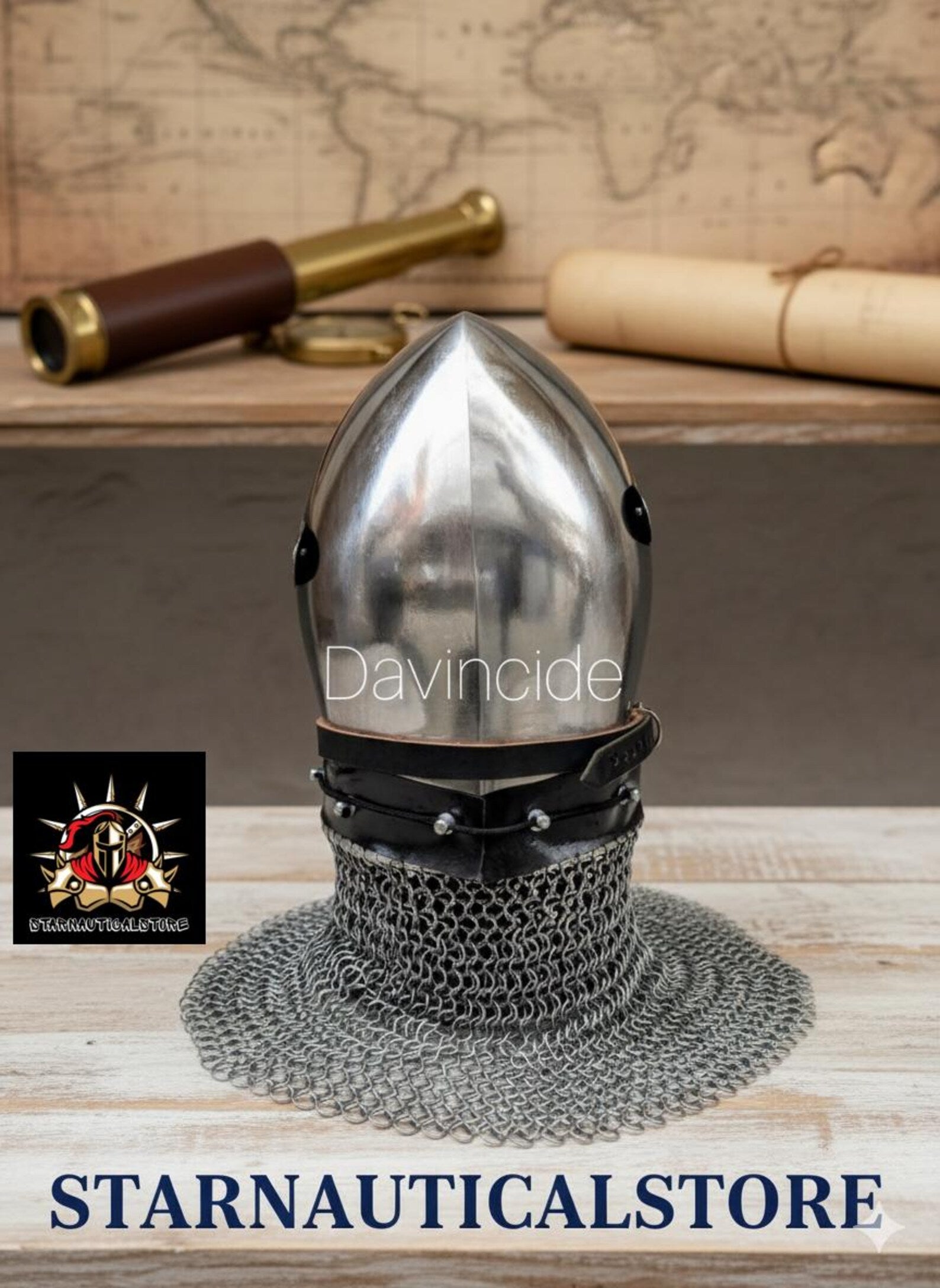 Medieval Bascinet Crusader Helmet – Handmade Steel Knight Helmet with Riveted Visor & Chainmail – LARP, SCA, Cosplay, Reenactment, Gift