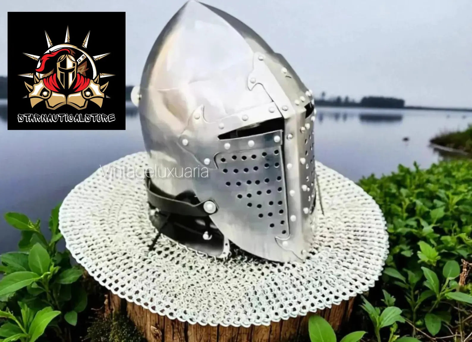 Medieval Bascinet Crusader Helmet – Handmade Steel Knight Helmet with Riveted Visor & Chainmail – LARP, SCA, Cosplay, Reenactment, Gift