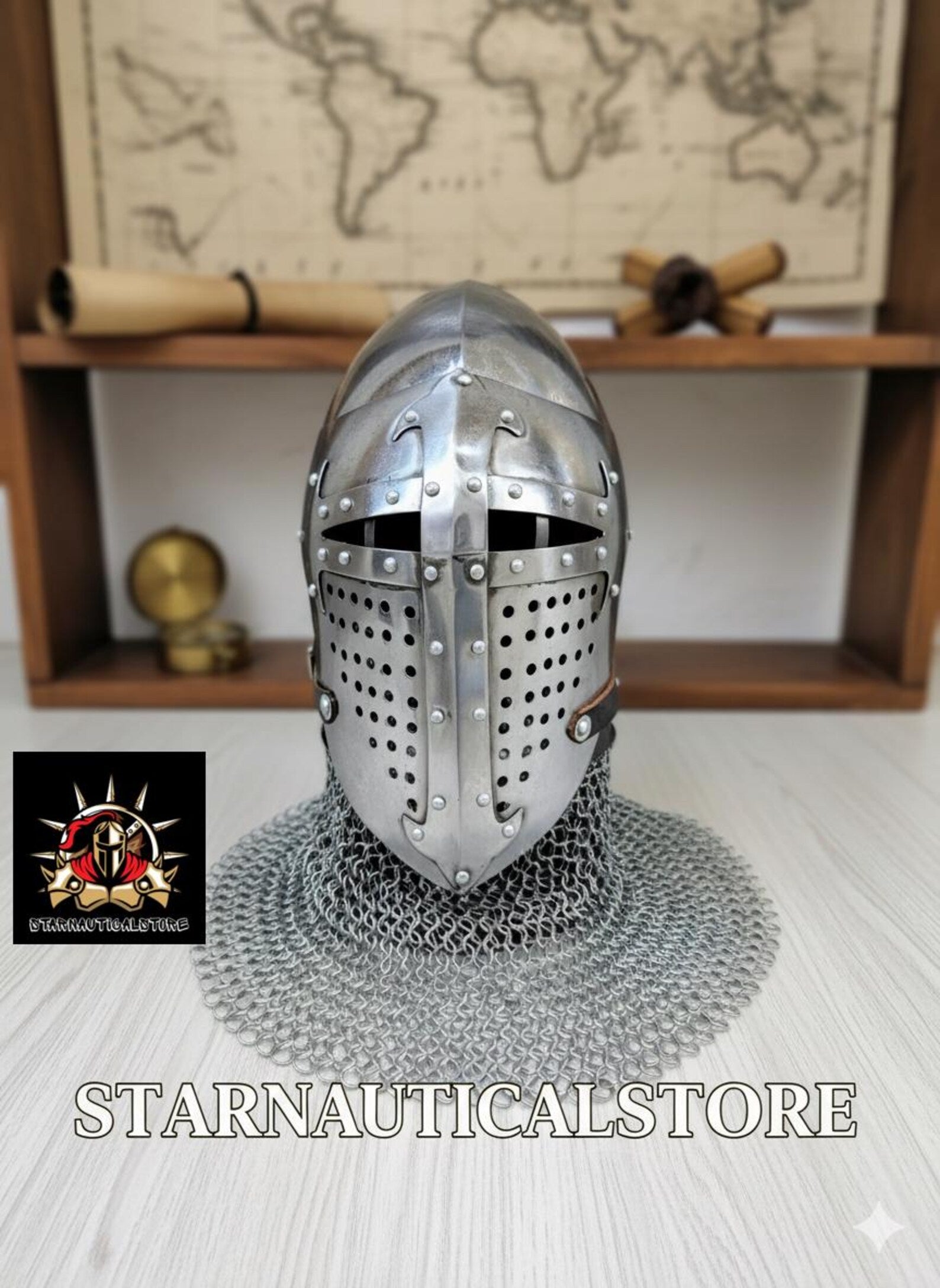 Medieval Bascinet Crusader Helmet – Handmade Steel Knight Helmet with Riveted Visor & Chainmail – LARP, SCA, Cosplay, Reenactment, Gift