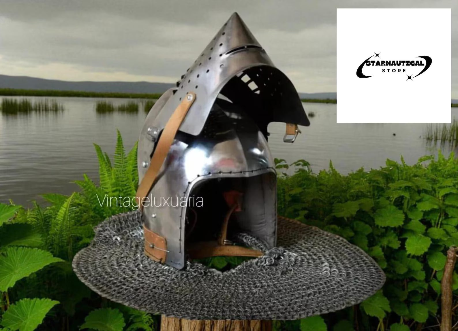 Medieval Bascinet Houndskull Helmet – Hand-Forged Steel Knight Helmet with Chainmail & Leather Straps – LARP, SCA, Reenactment Gift Armor