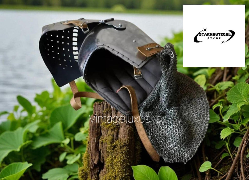Medieval Bascinet Houndskull Helmet – Hand-Forged Steel Knight Helmet with Chainmail & Leather Straps – LARP, SCA, Reenactment Gift Armor