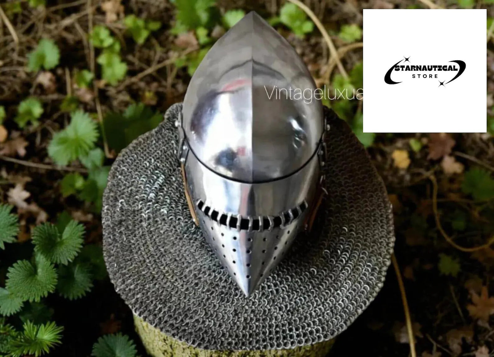 Medieval Bascinet Houndskull Helmet – Hand-Forged Steel Knight Helmet with Chainmail & Leather Straps – LARP, SCA, Reenactment Gift Armor